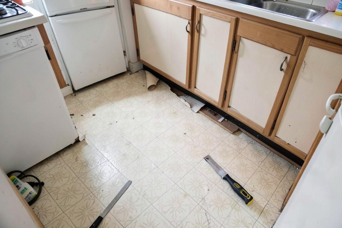 Old Vinyl Flooring Removal — before